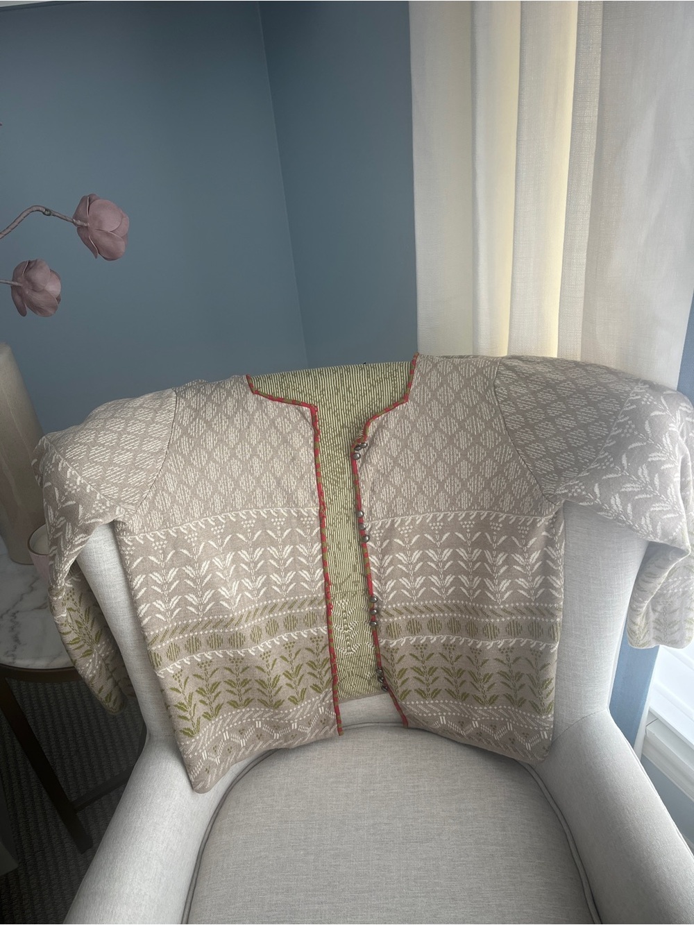 Gudrun Sjoden Linen Cotton Jacquard Knit Cardigan Sweater Size XL
